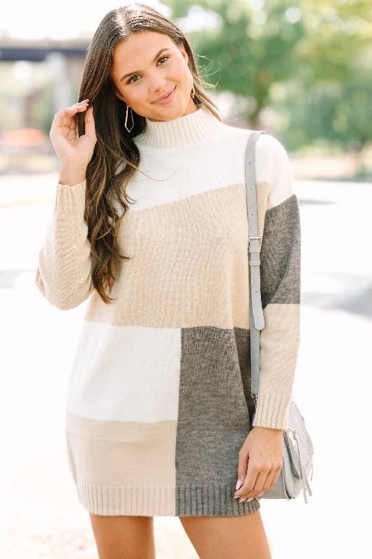 Good News Natural White Colorblock Tunic Sweater Turtle Neck Boat Neck Asymmetrical Neck