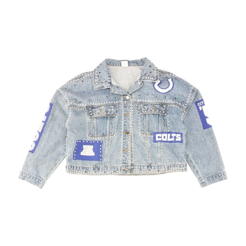 Indianapolis Blue Solid Denim Jacket A-Line Jacket Boat Neck Shawl Collar