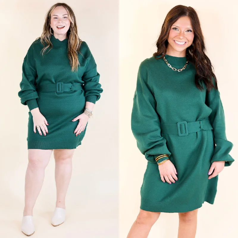 Luxurious Life Sweater Dress with Belt in Hunter Green Stretchy Elastic Breathable