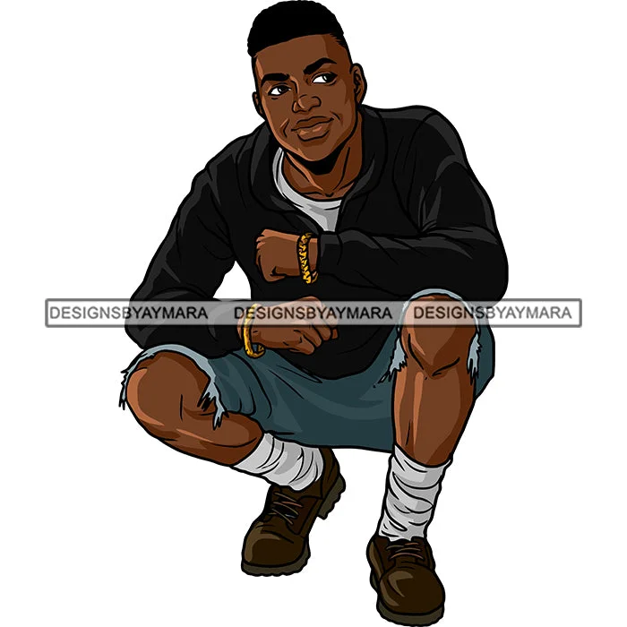 Black Beard Man Smiling Wearing Black Jacket White Shirt Blue Shorts Brown Shoes Sitting Golden Gold Bracelet Nubian African American Boy SVG JPG PNG Vector Clipart Cricut Silhouette Cut Cutting Cotton Fabric Linen Fabric Terry Fabric