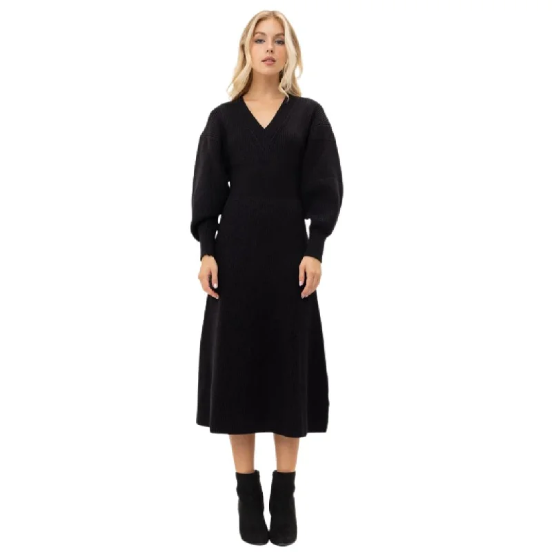 Flare Midi Sweater Dress (Black) Cable Knit Ribbed Knit Lace Knit