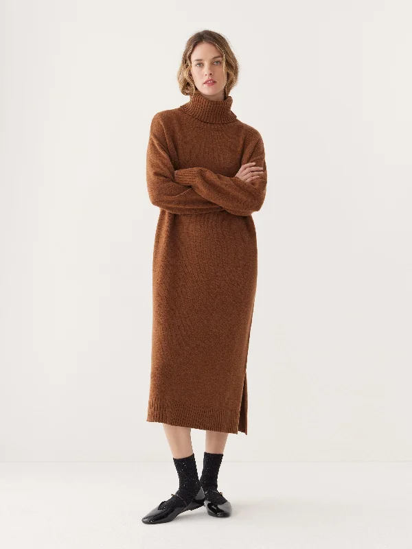 The Turtleneck Sweater Dress in Caramel Lace Blend Ribbed Blend Corduroy Blend