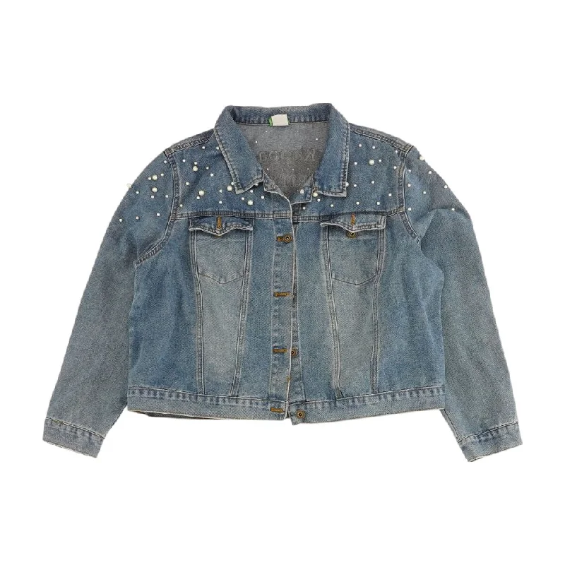 Blue Solid Denim Jacket Front Pockets Side Pockets Patch Pockets