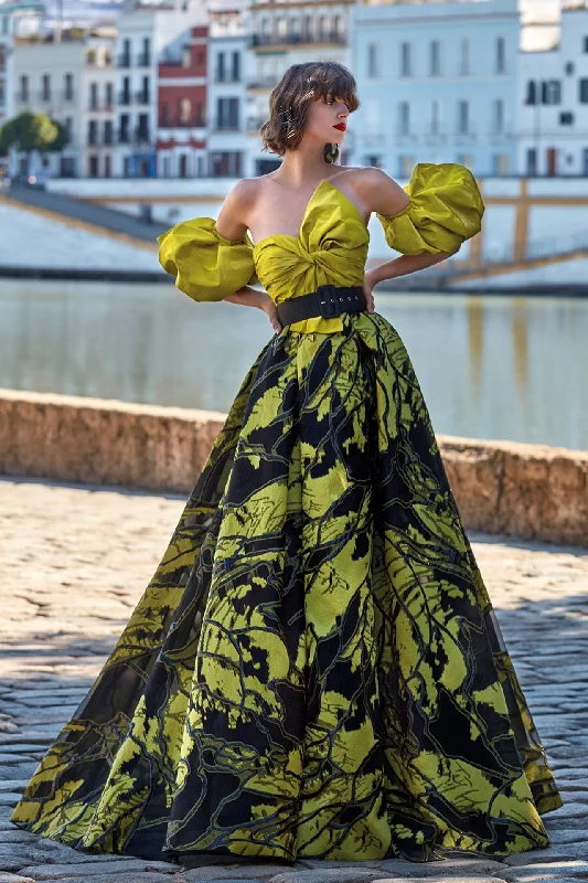 Puff sleeves top with brocade organza skirt belted skirt waist