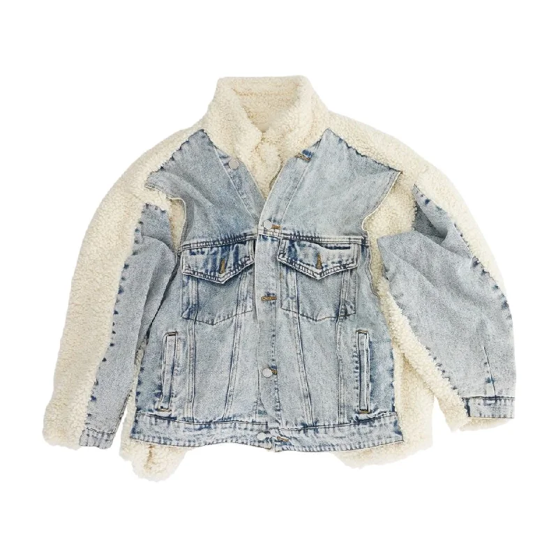 Ivory Color Block Denim Jacket One-Shoulder Jacket Off-the-Shoulder Jacket Asymmetrical Jacket