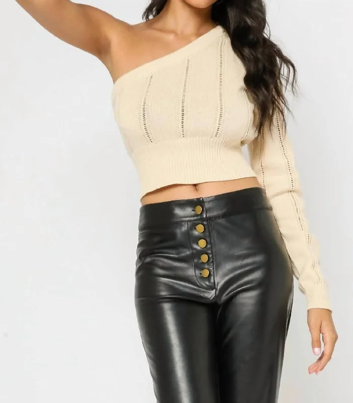 Cropped One Shoulder Sweater in Natural Hooded Caped Shawl Collar