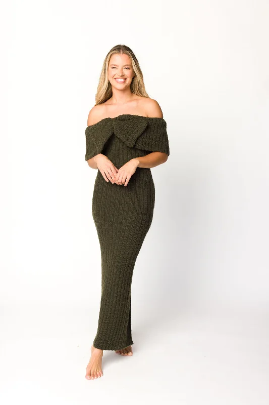 Aston Bow Front Maxi Sweater Dress in Dark Green - Bump Friendly Tailored Straight A-Line Aston Bow Front Maxi Sweater Dress in Dark Green - Bump Friendly Tailored Straight A-Line