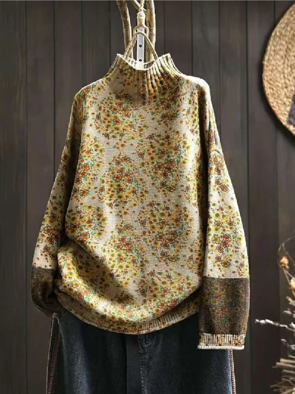 Women's Autumn and Winter Retro Half-Turtle Collar Printed Sweater Plaid Sweater Polka Dot Checkered