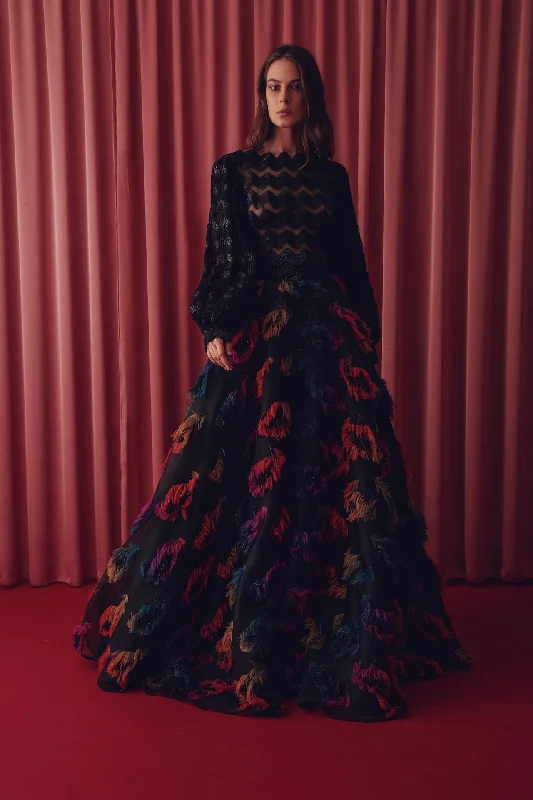 Zig zag motif puff sleeves top with patch A line skirt velvet skirt luxurious