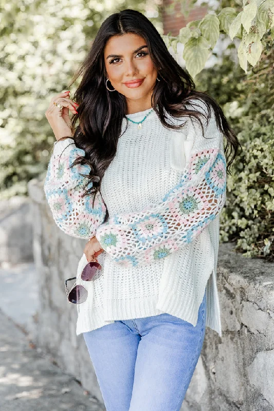 Wanna Be With You Ivory Multi Crochet Sleeve Sweater FINAL SALE Satin Blend Silk Blend Wool Blend Wanna Be With You Ivory Multi Crochet Sleeve Sweater FINAL SALE Satin Blend Silk Blend Wool Blend