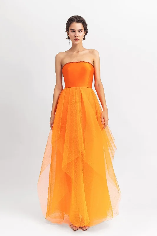 Sleeveless satin top with pleated tulle skirt chiffon skirt flowing