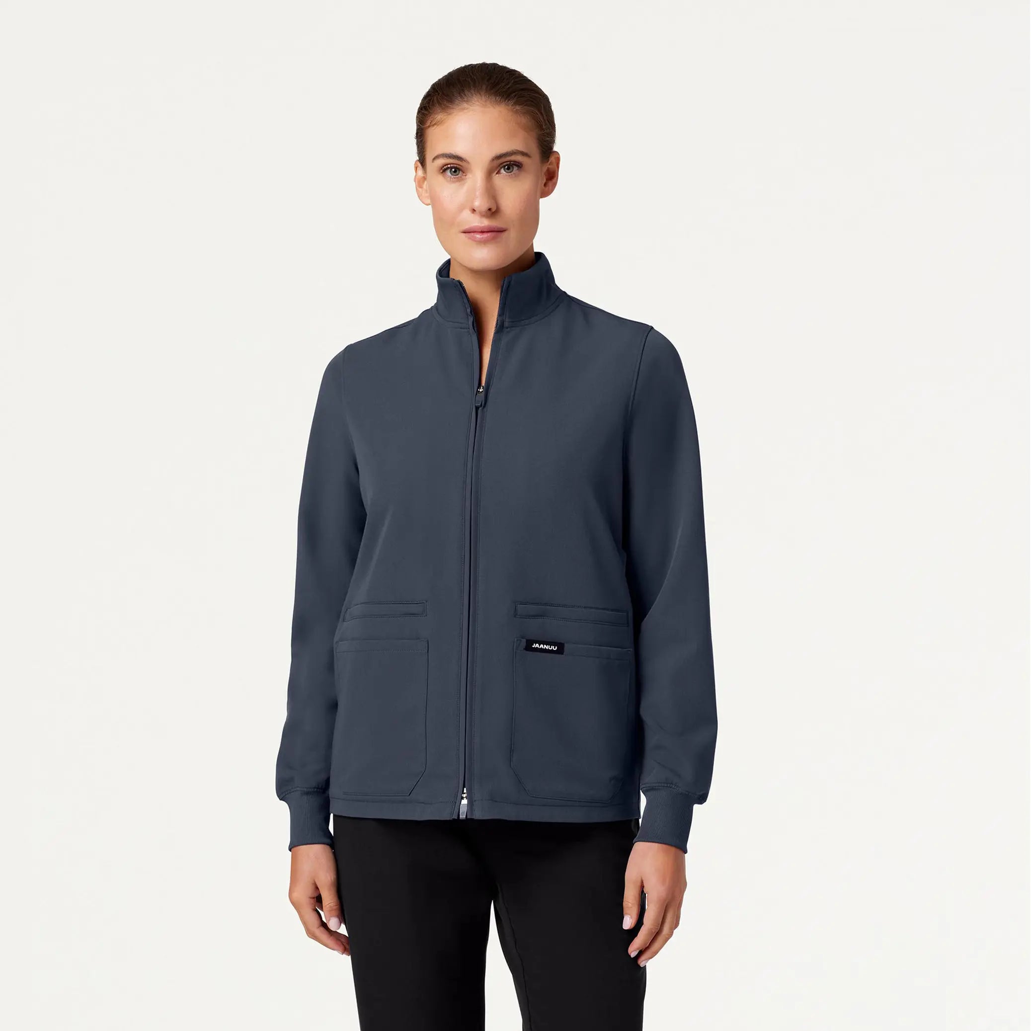 Jaanuu Women's Ceri Essential 6-Pocket Scrub Jacket - Carbon Gray Notch Collar Peter Pan Collar Cowl Neck