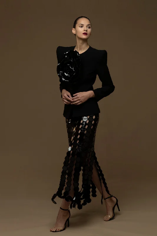 Crepe long sleeves top with geometrical motif skirt cotton skirt soft