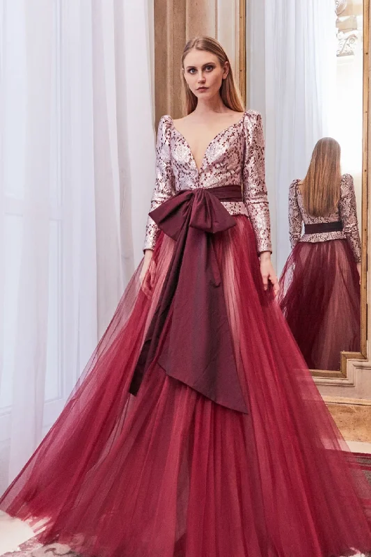 Long sleeves belted top with tulle skirt silk skirt luxurious