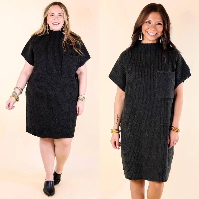 City Sights Cap Sleeve Sweater Dress in Charcoal Black Stylish Fashionable Trendy