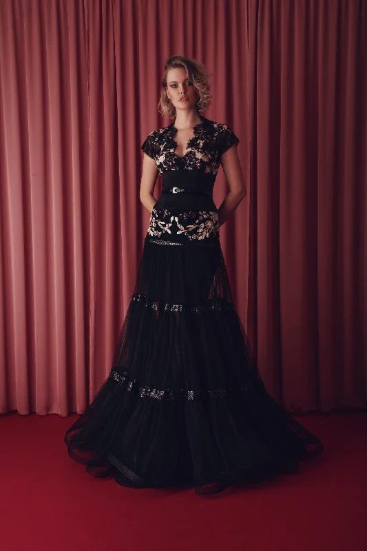 Cap sleeves banded top with pleated tulle skirt cashmere skirt fine