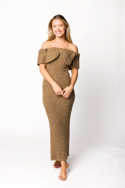 Aston Bow Front Maxi Sweater Dress in Brown - Bump Friendly Wool Fabric Cashmere Fabric Tweed Fabric Aston Bow Front Maxi Sweater Dress in Brown - Bump Friendly Wool Fabric Cashmere Fabric Tweed Fabric