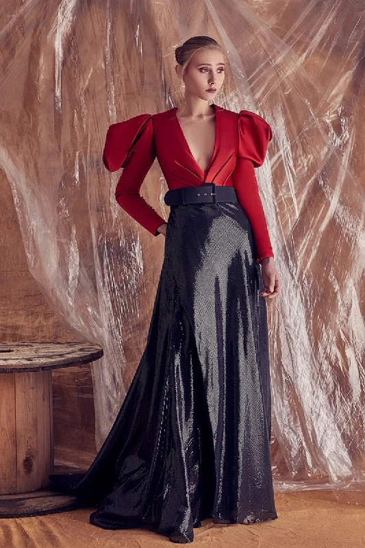 A line sequined skirt featuring deep V neck top with belt silk skirt smooth
