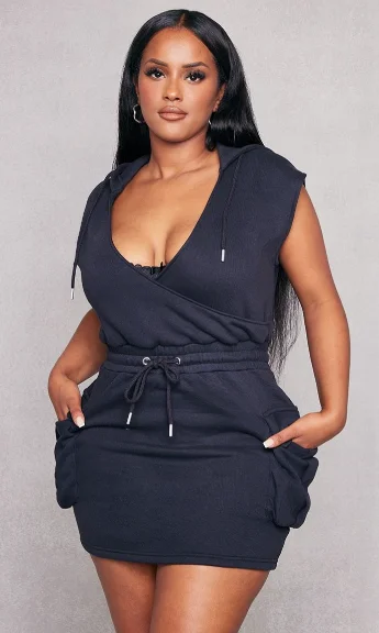 Shape Black Plunge Wrap Utility Pocket Sleeveless Sweater Dress Mesh Blend Leather Blend Suede Blend