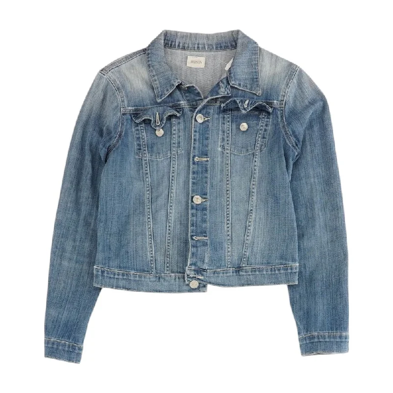 Blue Solid Denim Jacket Boat Neck Shawl Collar Notched Collar