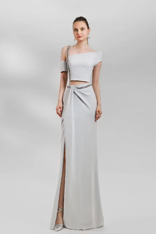 Asymmetrical neckline top with skirt leather skirt sleek