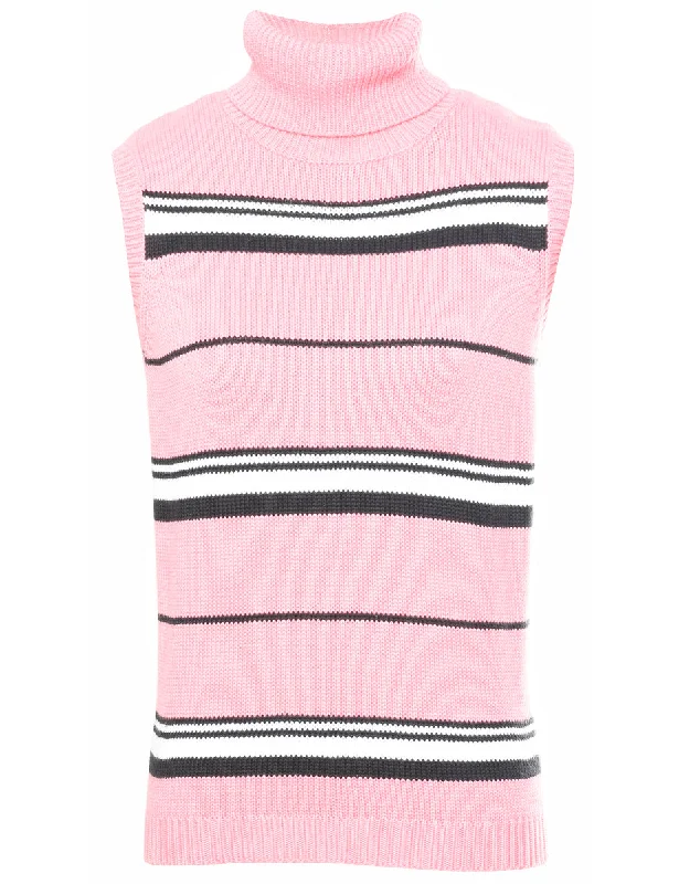 Roll Neck Striped Sweater Vest - M Herringbone Houndstooth Plaid