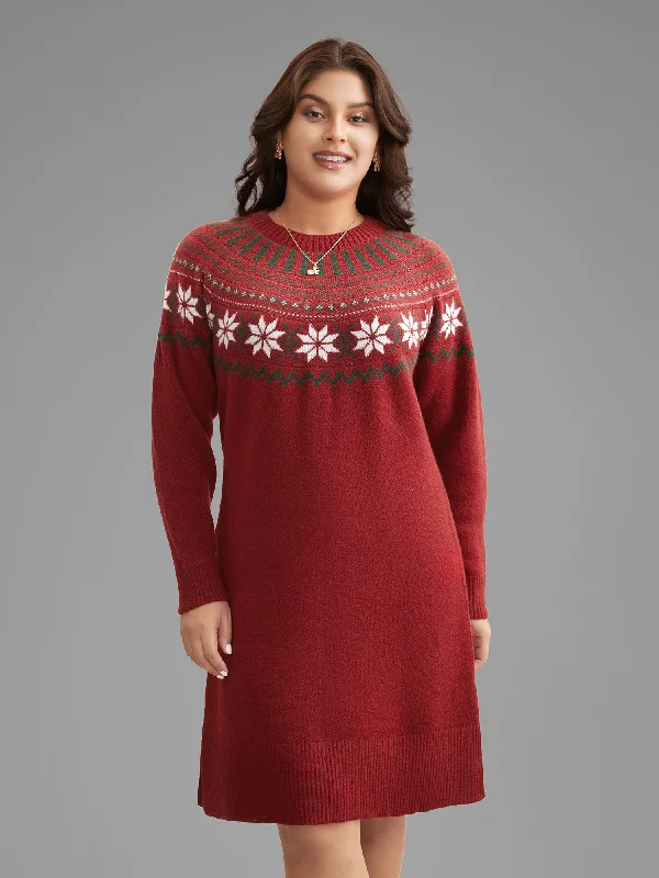 Fair Isle Geometric Midi Sweater Dress Notch Collar Peter Pan Collar Cowl Neck