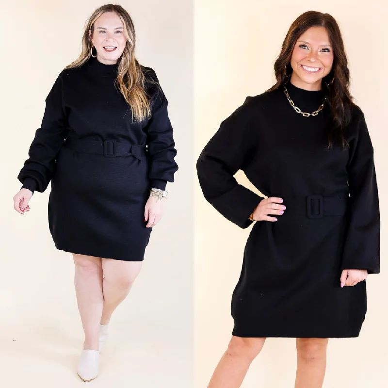 Luxurious Life Sweater Dress with Belt in Black Handmade Hand-knitted Hand-woven