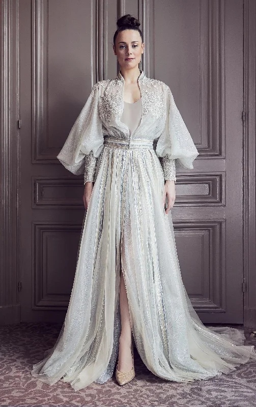 Embroidered puff sleeves top with tulle skirt chiffon skirt flowing