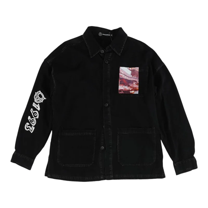 Black Solid Denim Jacket Zip Front Button Front Snap Front