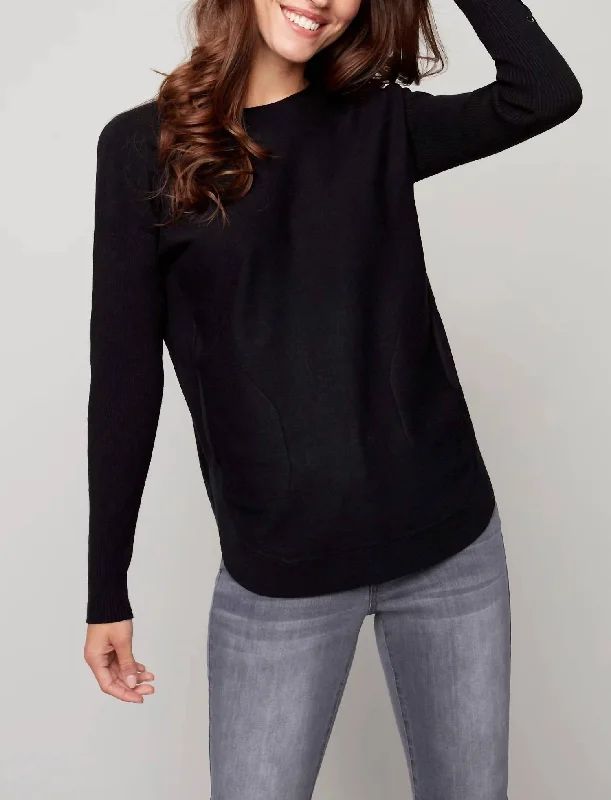 Cuff Lace-Up Detail Sweater in Black Mesh Blend Leather Blend Suede Blend