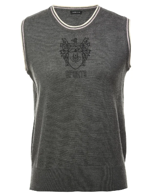 Grey Sweater Vest - M Graphic Sweater Embroidered Appliqued