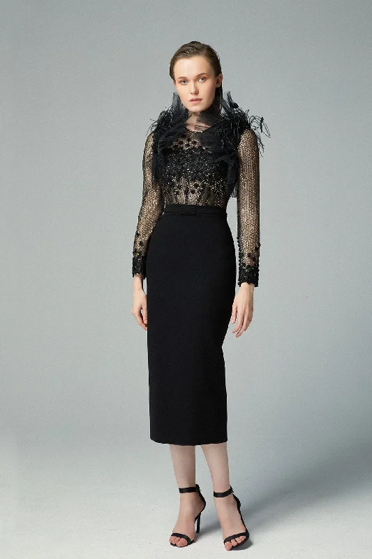 Mesh feathered top with midi skirt tulle skirt dreamy