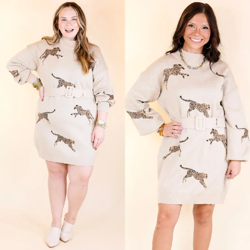 Luxurious Life Animal Print Sweater Dress with Belt in Oatmeal Beige Cotton Fabric Linen Fabric Terry Fabric