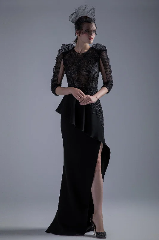 Long sleeves embroidered top with side slit skirt ruffled skirt detail