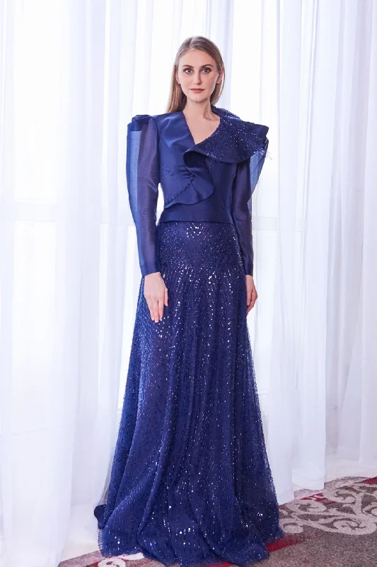 Long sleeves organza top with sequined A line skirt denim skirt stylish