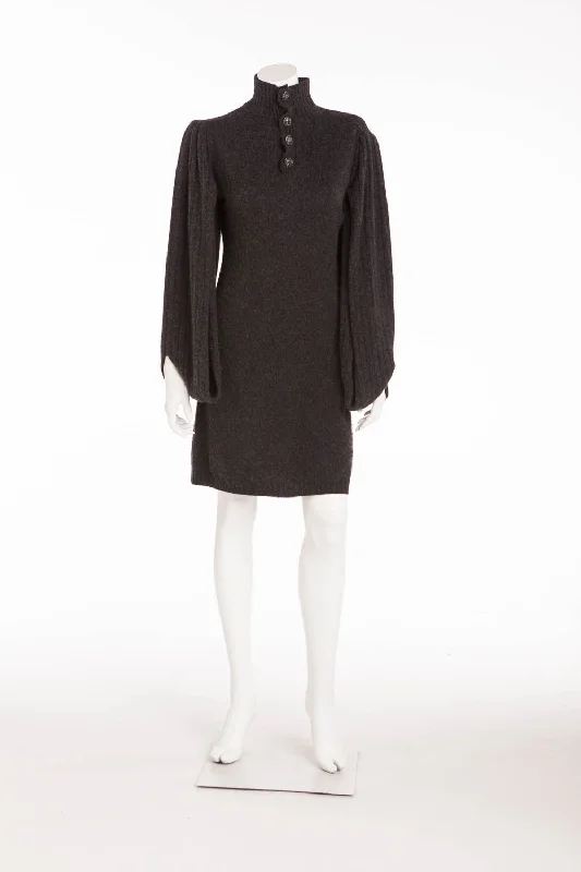 Chanel - Dark Grey Sweater Dress with Open Sleeves - FR 40 Houndstooth Herringbone Solid Chanel - Dark Grey Sweater Dress with Open Sleeves - FR 40 Houndstooth Herringbone Solid
