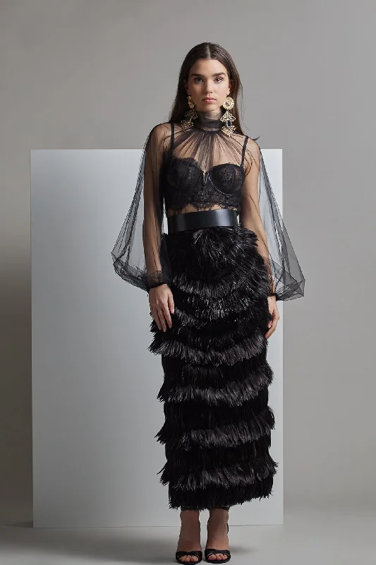 Puff sleeves top with feathered skirt silk skirt smooth