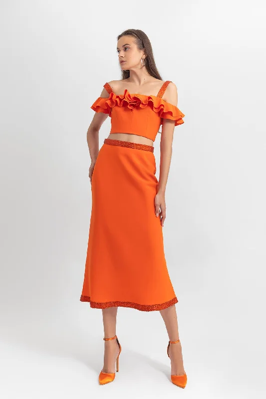 Ruffled top with midi skirt leather skirt refined