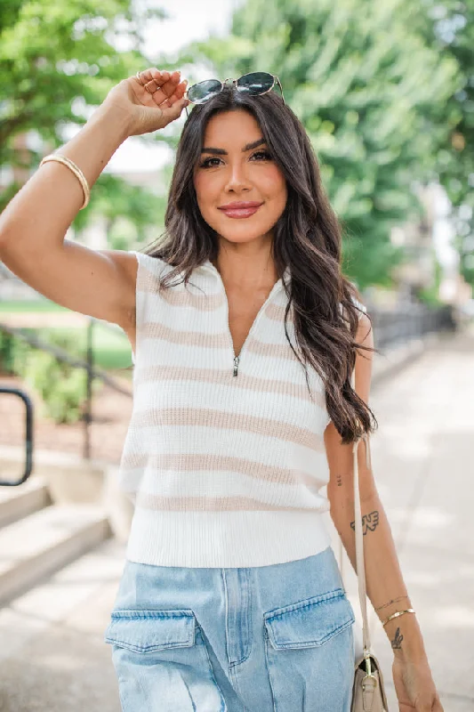 Slow Me Down Ivory And Beige Sleeveless Striped Quarter Zip Sweater FINAL SALE Elegant Classic Vintage Slow Me Down Ivory And Beige Sleeveless Striped Quarter Zip Sweater FINAL SALE Elegant Classic Vintage