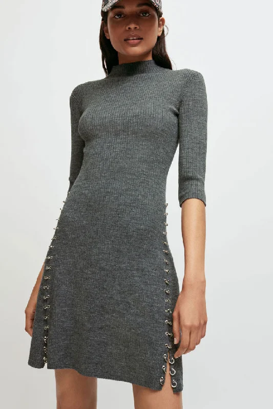 Unique Ring High Neck Winter Cashmere Sweater Mini Dress - Gray Velvet Chenille Corduroy Unique Ring High Neck Winter Cashmere Sweater Mini Dress - Gray Velvet Chenille Corduroy