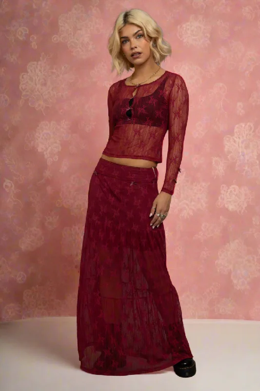 Daisy Street Red Lace Maxi Skirt with Bows corduroy skirt durable