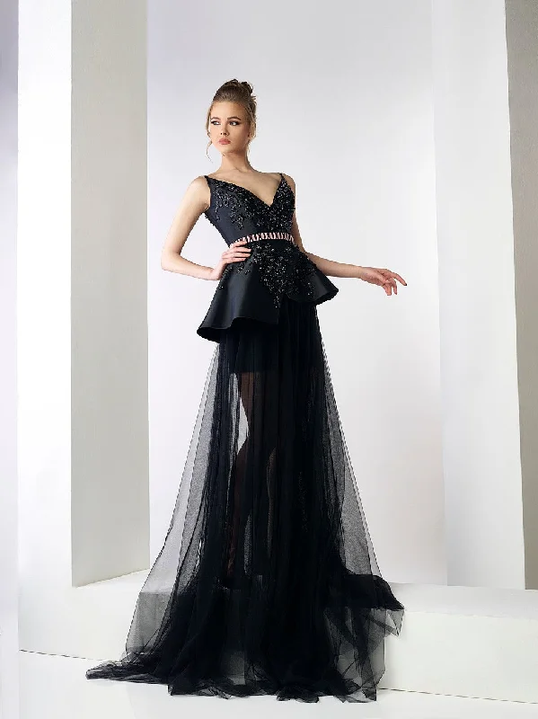 Embroidered peplum top faeturing mini skirt covered with tulle leather skirt sleek