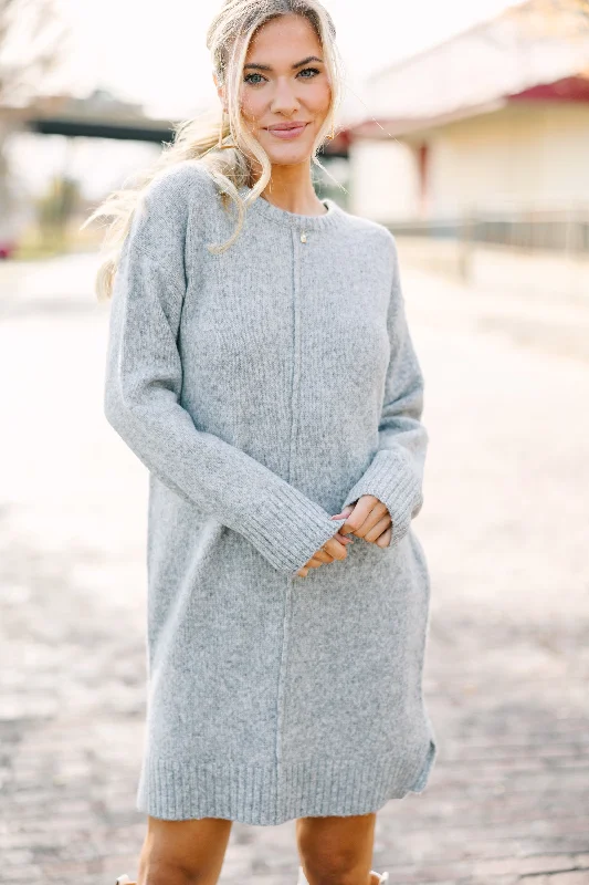 Just Think It Through Gray Tunic Sweater Dress Cable Knit Ribbed Knit Lace Knit