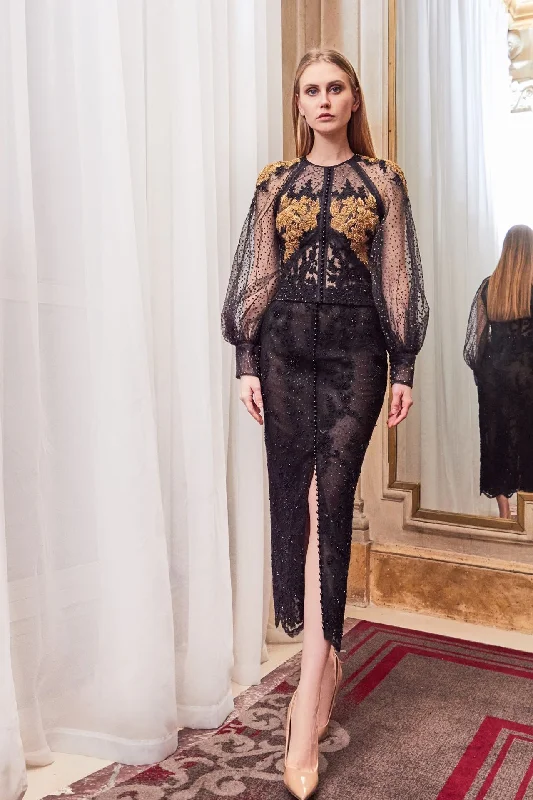 Embroidered puff sleeves top with midi skirt cashmere skirt fine