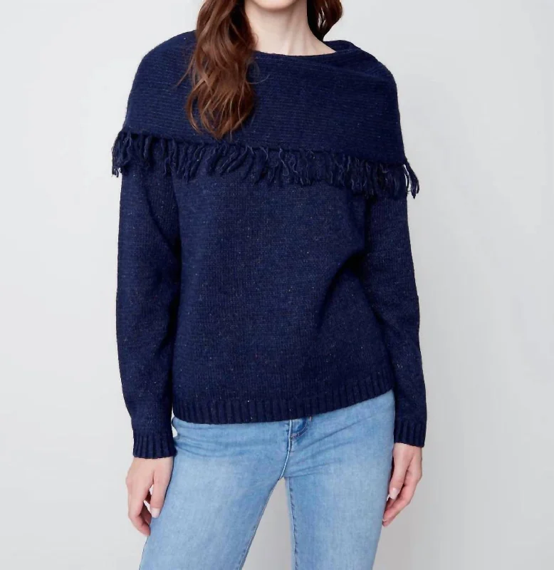 Fringed Cowl Neck Sweater In Denim Ribbed Striped Patterned