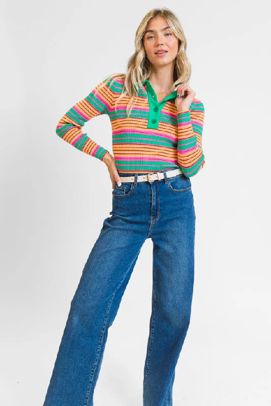 Wish I Knew Multi Striped Long Sleeve Polo Sweater FINAL SALE Fleece Fabric Down Fabric Feather Fabric Wish I Knew Multi Striped Long Sleeve Polo Sweater FINAL SALE Fleece Fabric Down Fabric Feather Fabric