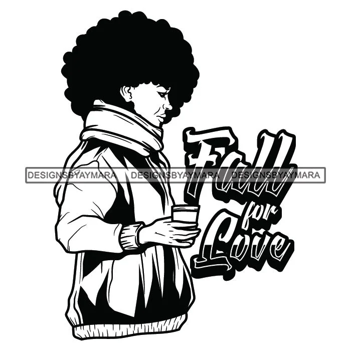 Fall For Love Standing Woman Holding Coffee Cup Wearing Winter Jacket Black Curly Hairs Hair Style Girl Black And White SVG JPG PNG Vector Clipart Cricut Silhouette Cut Cutting Anorak Shell Jacket Lightweight Jacket