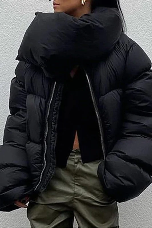 SCARF COLLAR SHORT PUFFER JACKETS Zip Front Button Front Snap Front