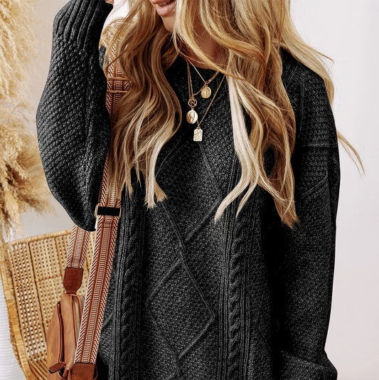Women's Cable Knit Drop Shoulder Sweater Dress in Black Bright Pastel Dark